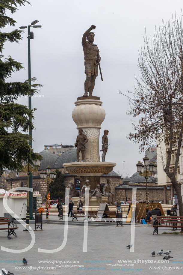 SKOPJE, REPUBLIC OF MACEDONIA - FEBRUARY 24, 2018: Philip II of Macedon Monument in Skopje, Republic of Macedonia