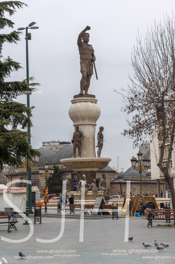 SKOPJE, REPUBLIC OF MACEDONIA - FEBRUARY 24, 2018: Philip II of Macedon Monument in Skopje, Republic of Macedonia