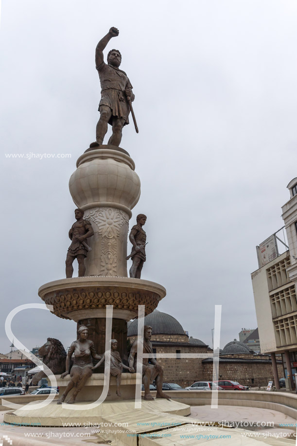 SKOPJE, REPUBLIC OF MACEDONIA - FEBRUARY 24, 2018: Philip II of Macedon Monument in Skopje, Republic of Macedonia