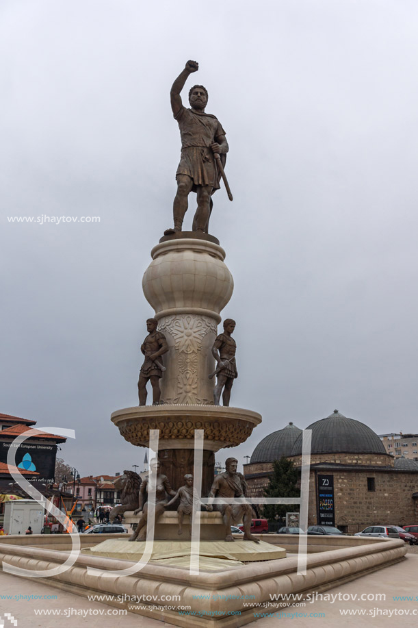 SKOPJE, REPUBLIC OF MACEDONIA - FEBRUARY 24, 2018: Philip II of Macedon Monument in Skopje, Republic of Macedonia