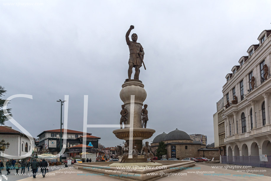 SKOPJE, REPUBLIC OF MACEDONIA - FEBRUARY 24, 2018: Philip II of Macedon Monument in Skopje, Republic of Macedonia