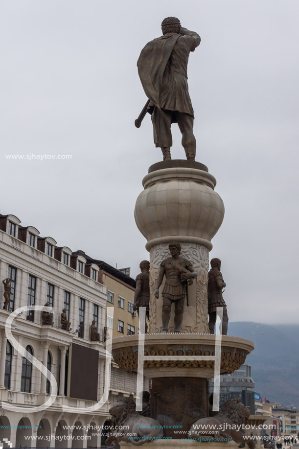 SKOPJE, REPUBLIC OF MACEDONIA - FEBRUARY 24, 2018: Philip II of Macedon Monument in Skopje, Republic of Macedonia