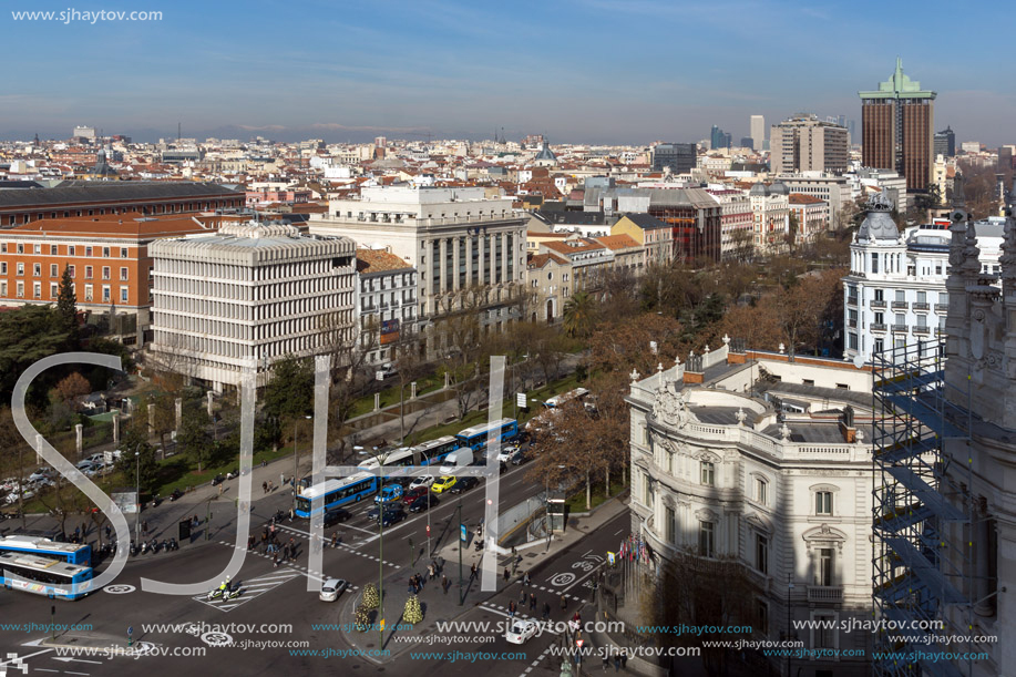 MADRID, SPAIN - JANUARY 24, 2018:  Amazing Panorama of city of Madrid from Cybele Palace (Palacio de Cibeles), Spain