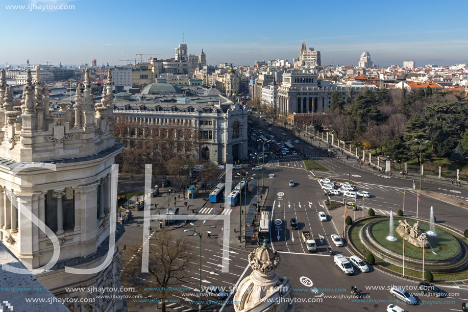 MADRID, SPAIN - JANUARY 24, 2018:  Amazing Panorama of city of Madrid from Cybele Palace (Palacio de Cibeles), Spain