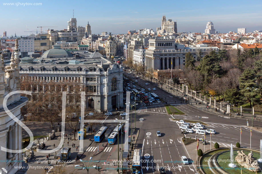 MADRID, SPAIN - JANUARY 24, 2018:  Amazing Panorama of city of Madrid from Cybele Palace (Palacio de Cibeles), Spain