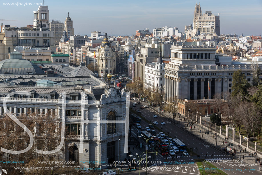 MADRID, SPAIN - JANUARY 24, 2018:  Amazing Panorama of city of Madrid from Cybele Palace (Palacio de Cibeles), Spain