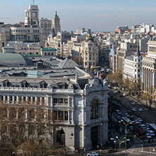 MADRID, SPAIN - JANUARY 24, 2018:  Amazing Panorama of city of Madrid from Cybele Palace (Palacio de Cibeles), Spain