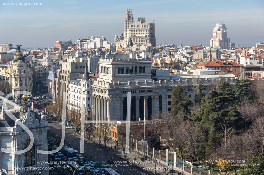 MADRID, SPAIN - JANUARY 24, 2018:  Amazing Panorama of city of Madrid from Cybele Palace (Palacio de Cibeles), Spain