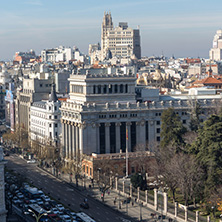 MADRID, SPAIN - JANUARY 24, 2018:  Amazing Panorama of city of Madrid from Cybele Palace (Palacio de Cibeles), Spain