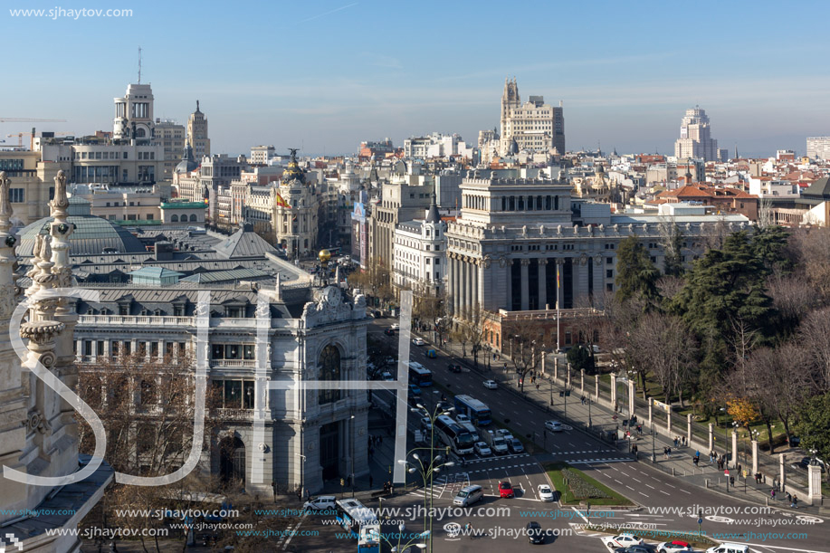 MADRID, SPAIN - JANUARY 24, 2018:  Amazing Panorama of city of Madrid from Cybele Palace (Palacio de Cibeles), Spain