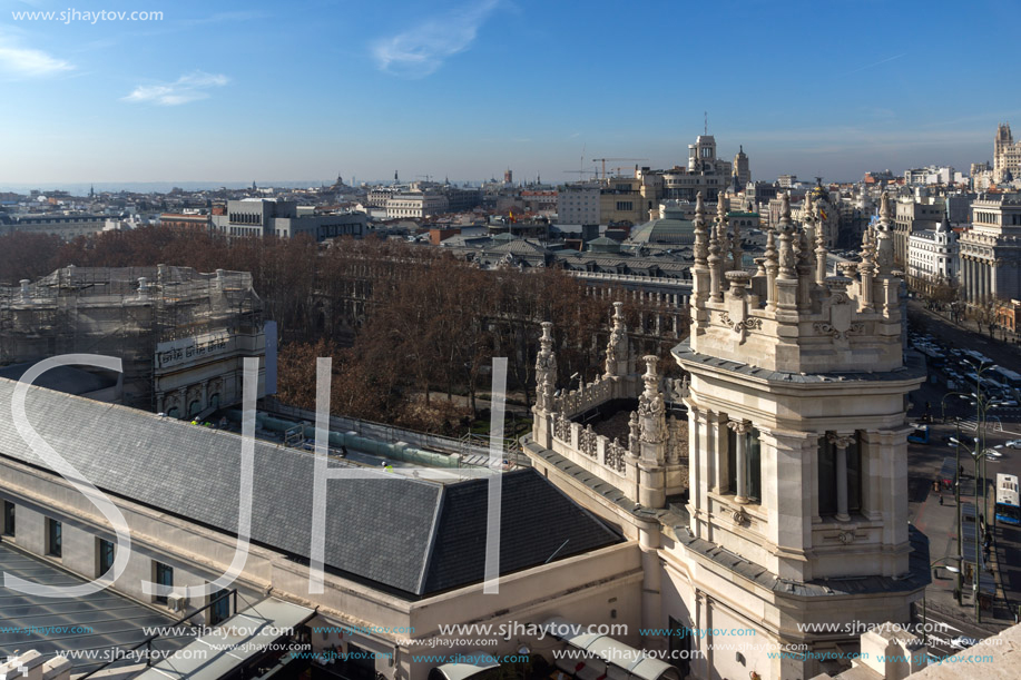 MADRID, SPAIN - JANUARY 24, 2018:  Amazing Panorama of city of Madrid from Cybele Palace (Palacio de Cibeles), Spain