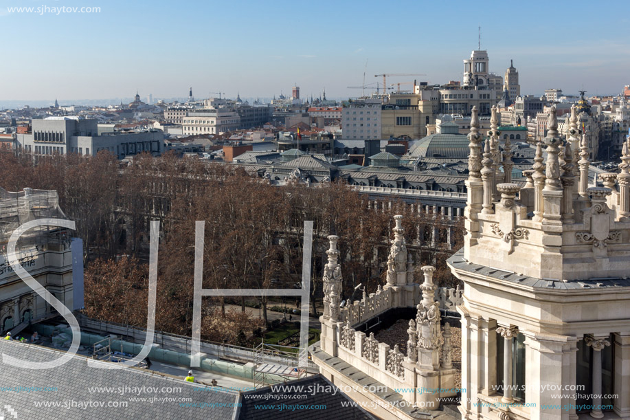 MADRID, SPAIN - JANUARY 24, 2018:  Amazing Panorama of city of Madrid from Cybele Palace (Palacio de Cibeles), Spain