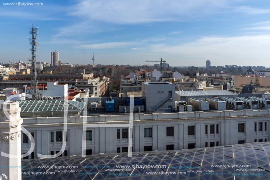 MADRID, SPAIN - JANUARY 24, 2018:  Amazing Panorama of city of Madrid from Cybele Palace (Palacio de Cibeles), Spain