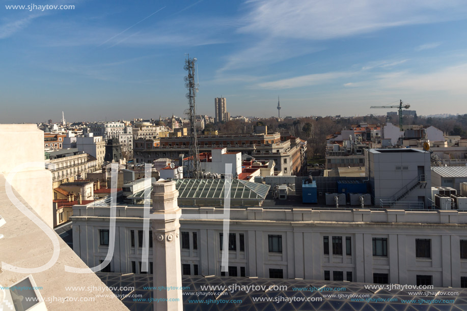 MADRID, SPAIN - JANUARY 24, 2018:  Amazing Panorama of city of Madrid from Cybele Palace (Palacio de Cibeles), Spain