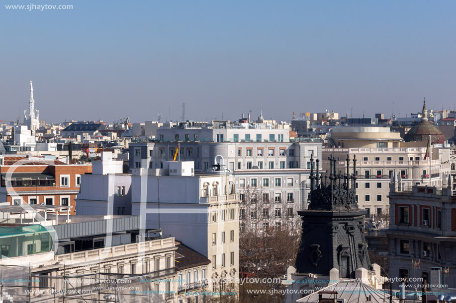 MADRID, SPAIN - JANUARY 24, 2018:  Amazing Panorama of city of Madrid from Cybele Palace (Palacio de Cibeles), Spain