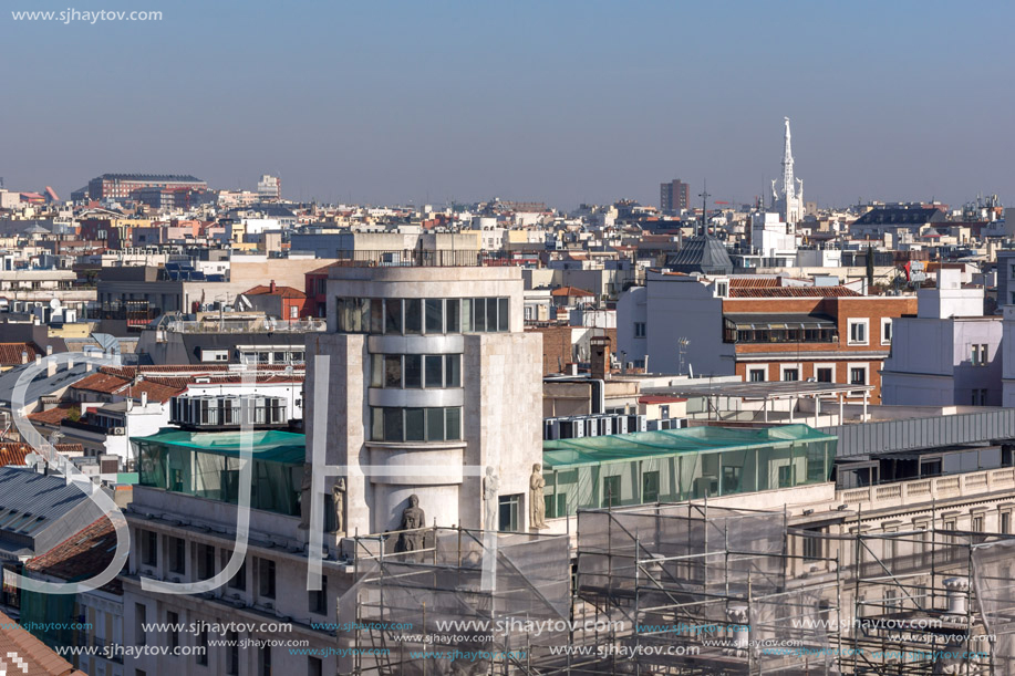 MADRID, SPAIN - JANUARY 24, 2018:  Amazing Panorama of city of Madrid from Cybele Palace (Palacio de Cibeles), Spain