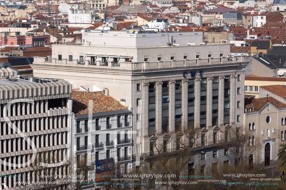 MADRID, SPAIN - JANUARY 24, 2018:  Amazing Panorama of city of Madrid from Cybele Palace (Palacio de Cibeles), Spain