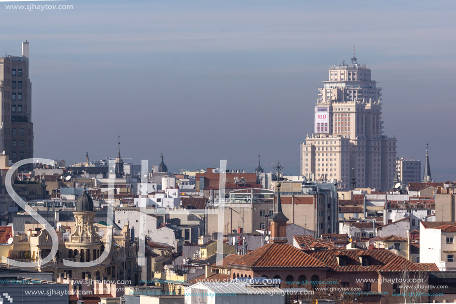 MADRID, SPAIN - JANUARY 24, 2018:  Amazing Panorama of city of Madrid from Cybele Palace (Palacio de Cibeles), Spain