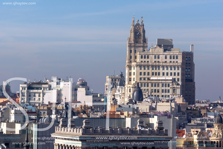 MADRID, SPAIN - JANUARY 24, 2018:  Amazing Panorama of city of Madrid from Cybele Palace (Palacio de Cibeles), Spain