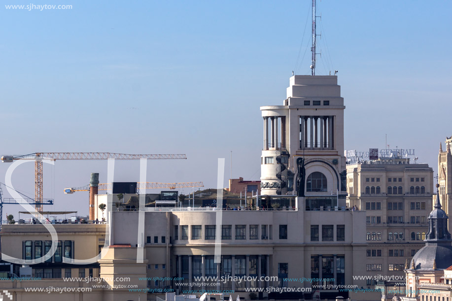 MADRID, SPAIN - JANUARY 24, 2018:  Amazing Panorama of city of Madrid from Cybele Palace (Palacio de Cibeles), Spain