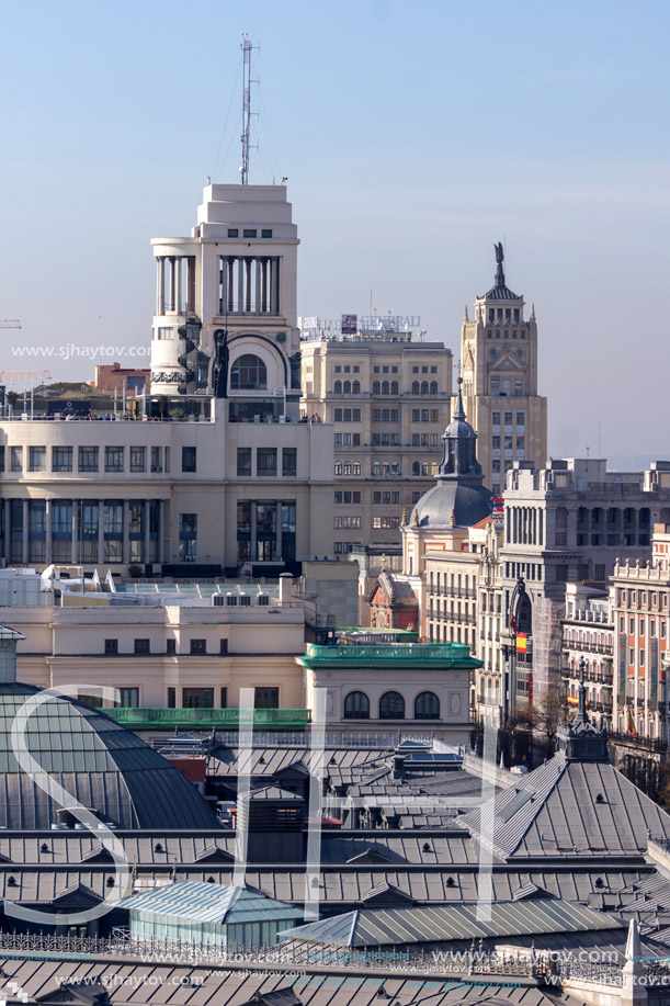 MADRID, SPAIN - JANUARY 24, 2018:  Amazing Panorama of city of Madrid from Cybele Palace (Palacio de Cibeles), Spain