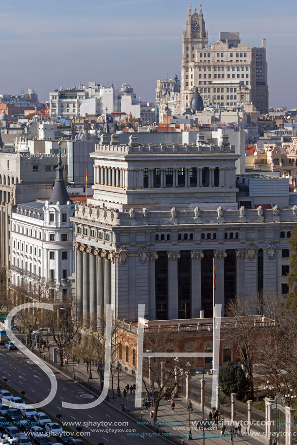 MADRID, SPAIN - JANUARY 24, 2018:  Amazing Panorama of city of Madrid from Cybele Palace (Palacio de Cibeles), Spain