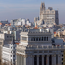MADRID, SPAIN - JANUARY 24, 2018:  Amazing Panorama of city of Madrid from Cybele Palace (Palacio de Cibeles), Spain