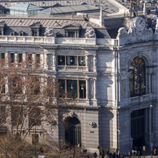 MADRID, SPAIN - JANUARY 24, 2018:  Amazing Panorama of city of Madrid from Cybele Palace (Palacio de Cibeles), Spain