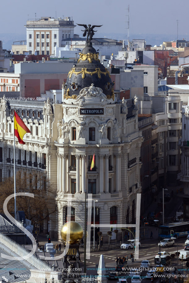 MADRID, SPAIN - JANUARY 24, 2018:  Amazing Panorama of city of Madrid from Cybele Palace (Palacio de Cibeles), Spain