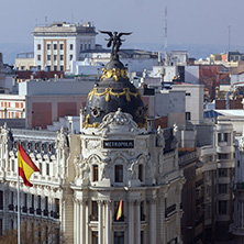 MADRID, SPAIN - JANUARY 24, 2018:  Amazing Panorama of city of Madrid from Cybele Palace (Palacio de Cibeles), Spain