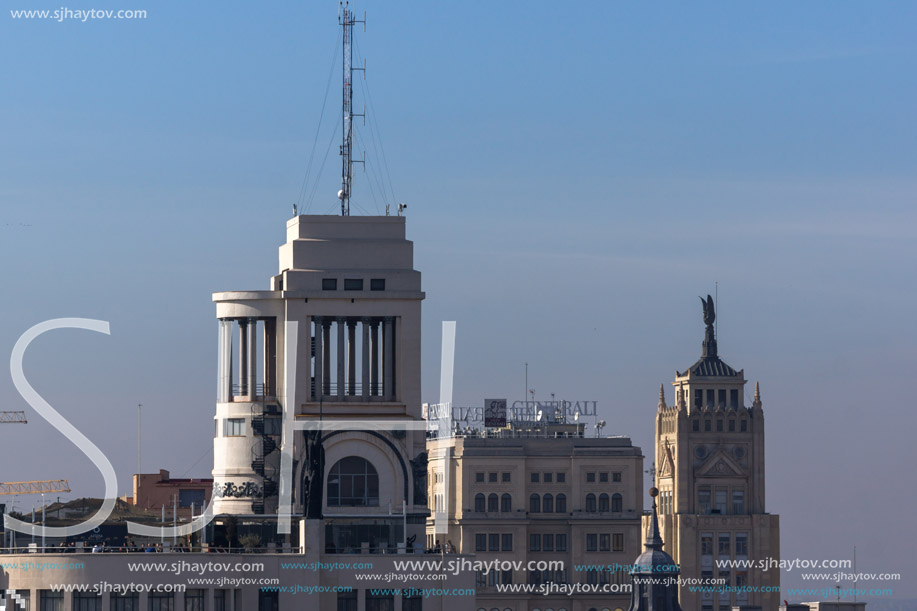 MADRID, SPAIN - JANUARY 24, 2018:  Amazing Panorama of city of Madrid from Cybele Palace (Palacio de Cibeles), Spain