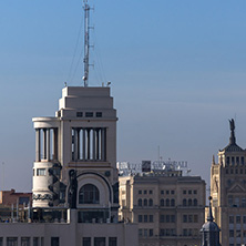 MADRID, SPAIN - JANUARY 24, 2018:  Amazing Panorama of city of Madrid from Cybele Palace (Palacio de Cibeles), Spain