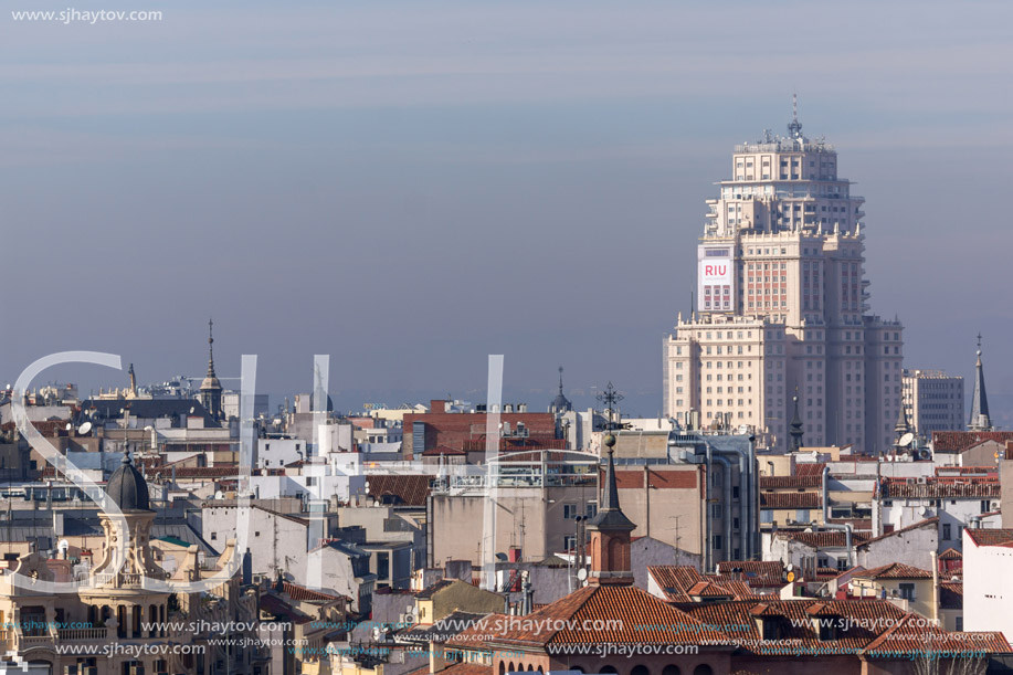 MADRID, SPAIN - JANUARY 24, 2018:  Amazing Panorama of city of Madrid from Cybele Palace (Palacio de Cibeles), Spain