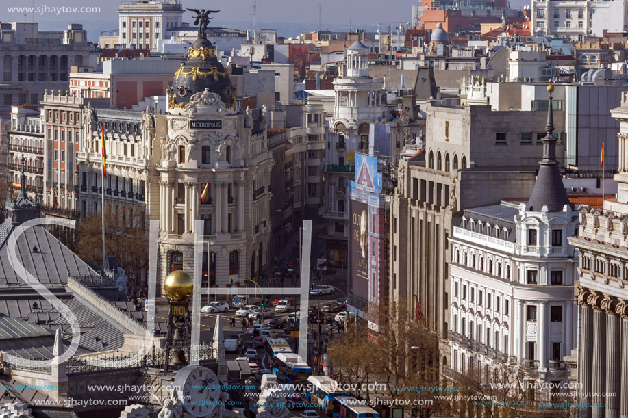 MADRID, SPAIN - JANUARY 24, 2018:  Amazing Panorama of city of Madrid from Cybele Palace (Palacio de Cibeles), Spain