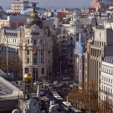 MADRID, SPAIN - JANUARY 24, 2018:  Amazing Panorama of city of Madrid from Cybele Palace (Palacio de Cibeles), Spain