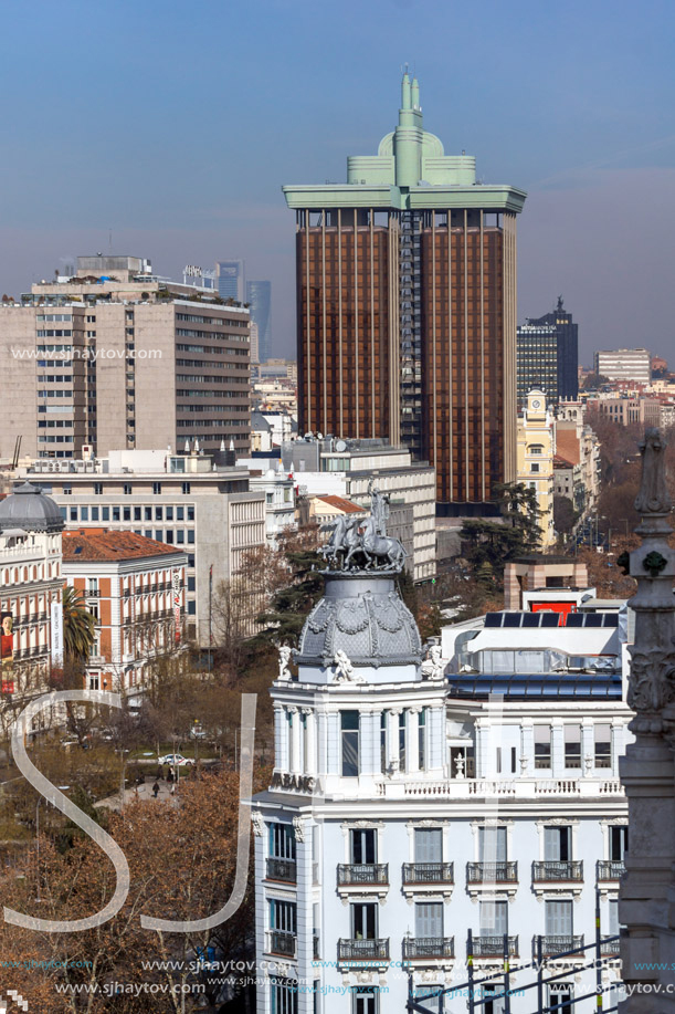 MADRID, SPAIN - JANUARY 24, 2018:  Amazing Panorama of city of Madrid from Cybele Palace (Palacio de Cibeles), Spain