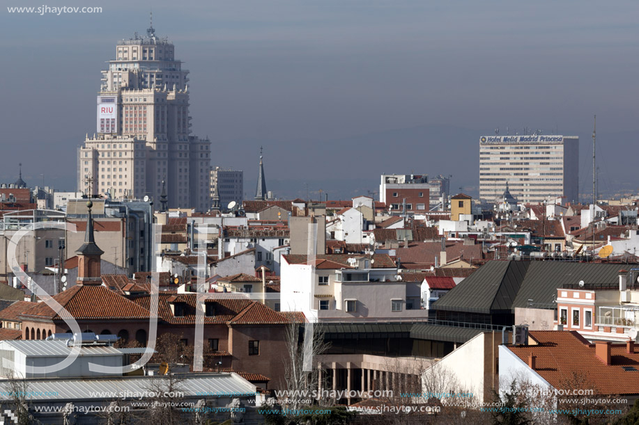 MADRID, SPAIN - JANUARY 24, 2018:  Amazing Panorama of city of Madrid from Cybele Palace (Palacio de Cibeles), Spain