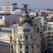 MADRID, SPAIN - JANUARY 24, 2018:  Amazing Panorama of city of Madrid from Cybele Palace (Palacio de Cibeles), Spain