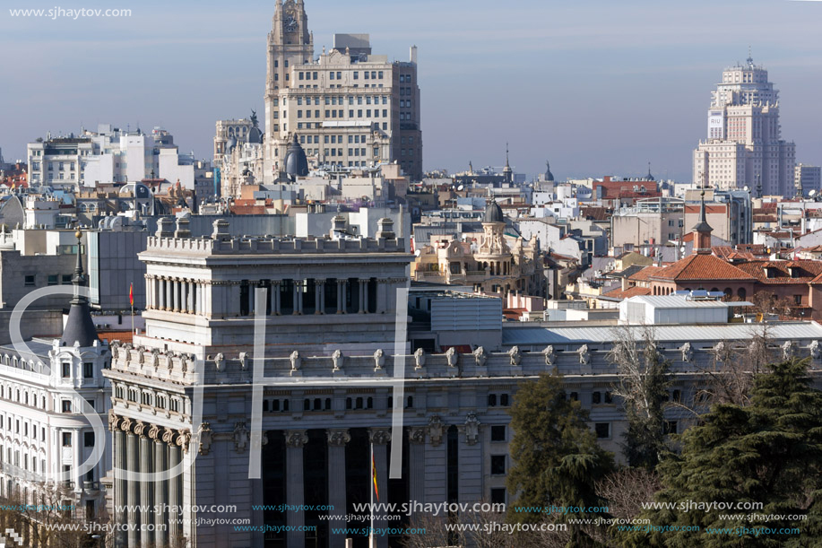 MADRID, SPAIN - JANUARY 24, 2018:  Amazing Panorama of city of Madrid from Cybele Palace (Palacio de Cibeles), Spain