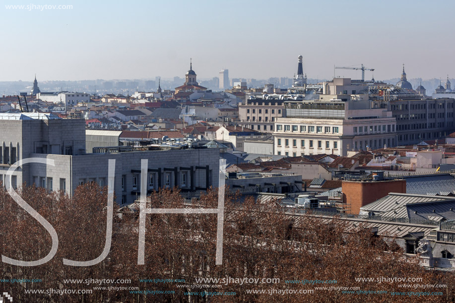 MADRID, SPAIN - JANUARY 24, 2018:  Amazing Panorama of city of Madrid from Cybele Palace (Palacio de Cibeles), Spain