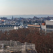 MADRID, SPAIN - JANUARY 24, 2018:  Amazing Panorama of city of Madrid from Cybele Palace (Palacio de Cibeles), Spain