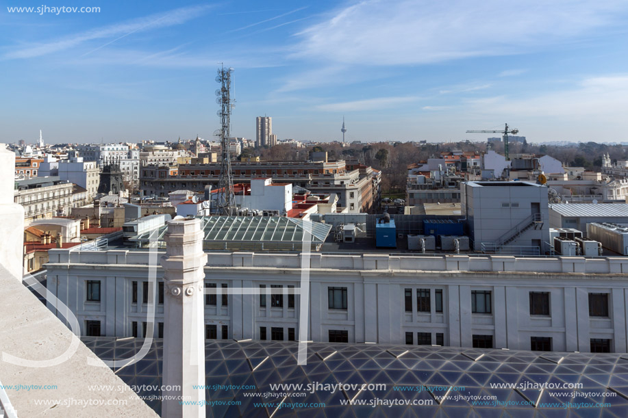 MADRID, SPAIN - JANUARY 24, 2018:  Amazing Panorama of city of Madrid from Cybele Palace (Palacio de Cibeles), Spain