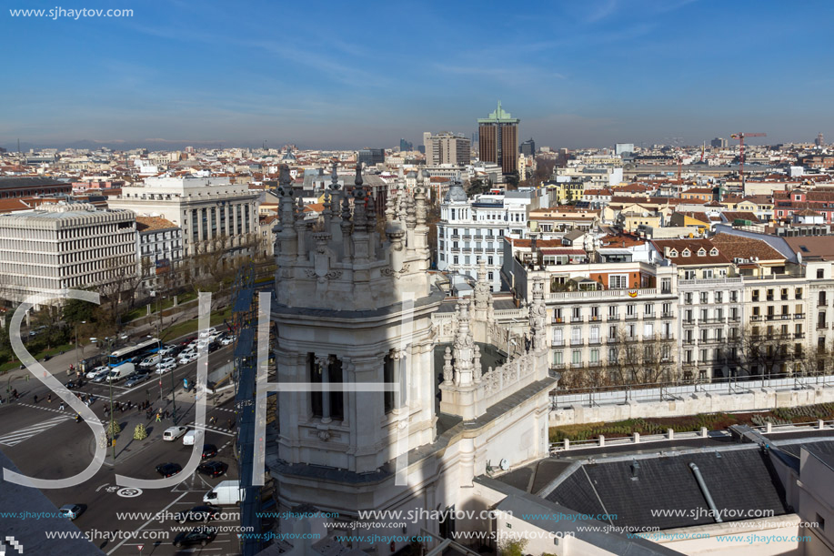 MADRID, SPAIN - JANUARY 24, 2018:  Amazing Panorama of city of Madrid from Cybele Palace (Palacio de Cibeles), Spain