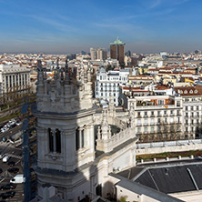 MADRID, SPAIN - JANUARY 24, 2018:  Amazing Panorama of city of Madrid from Cybele Palace (Palacio de Cibeles), Spain