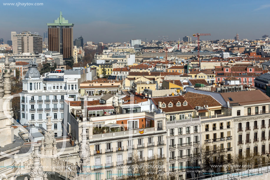 MADRID, SPAIN - JANUARY 24, 2018:  Amazing Panorama of city of Madrid from Cybele Palace (Palacio de Cibeles), Spain