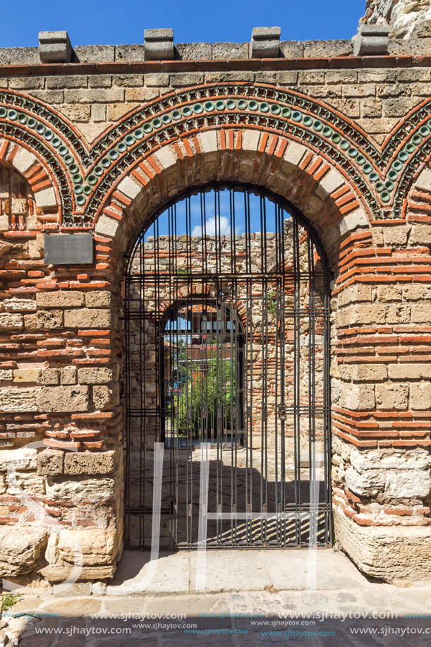 NESSEBAR, BULGARIA - AUGUST 12, 2018: Ruins of Ancient Church of the Holy Archangels Michael and Gabriel in the town of Nessebar, Burgas Region, Bulgaria