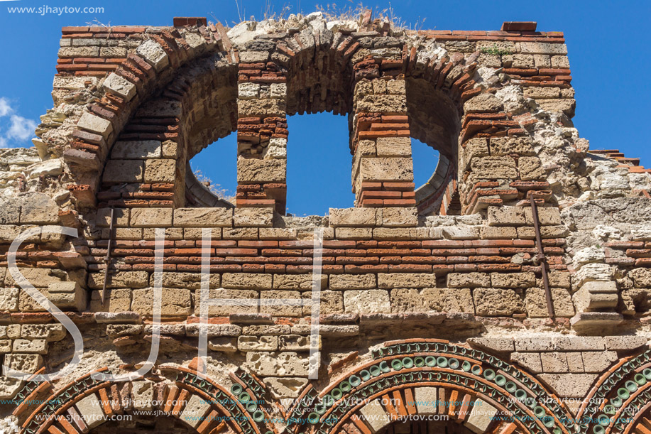 NESSEBAR, BULGARIA - AUGUST 12, 2018: Ruins of Ancient Church of the Holy Archangels Michael and Gabriel in the town of Nessebar, Burgas Region, Bulgaria