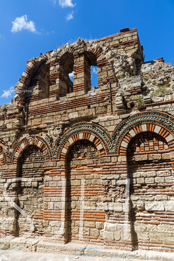 NESSEBAR, BULGARIA - AUGUST 12, 2018: Ruins of Ancient Church of the Holy Archangels Michael and Gabriel in the town of Nessebar, Burgas Region, Bulgaria