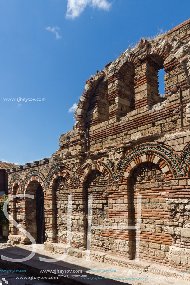 NESSEBAR, BULGARIA - AUGUST 12, 2018: Ruins of Ancient Church of the Holy Archangels Michael and Gabriel in the town of Nessebar, Burgas Region, Bulgaria