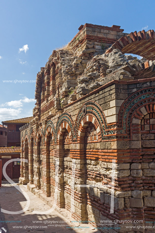 NESSEBAR, BULGARIA - AUGUST 12, 2018: Ruins of Ancient Church of the Holy Archangels Michael and Gabriel in the town of Nessebar, Burgas Region, Bulgaria